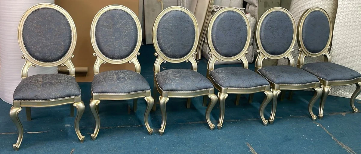 Luxus Barock Esszimmerstuhl 6er Set Blau / Silber / Gold - Prunkvolle Esszimmerstühle im Barockstil - Barock Esszimmer Möbel - Luxus Esszimmer Möbel im Barockstil
