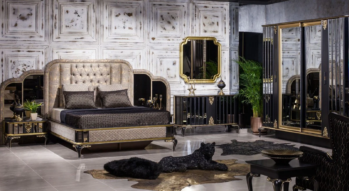 Luxus Barock Schlafzimmerschrank Schwarz / Gold - Verspiegelter Massivholz Kleiderschrank im Barockstil - Barock Schlafzimmer Möbel - Edel & Prunvoll