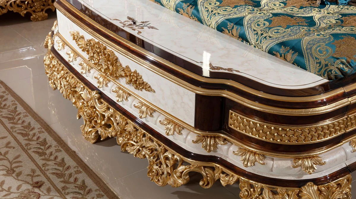 Luxus Barock Schlafzimmer Set Blau / Weiß / Braun / Gold - 1 Doppelbett mit Kopfteil & 2 Nachtkommoden - Schlafzimmer Möbel im Barockstil - Edel & Prunkvoll