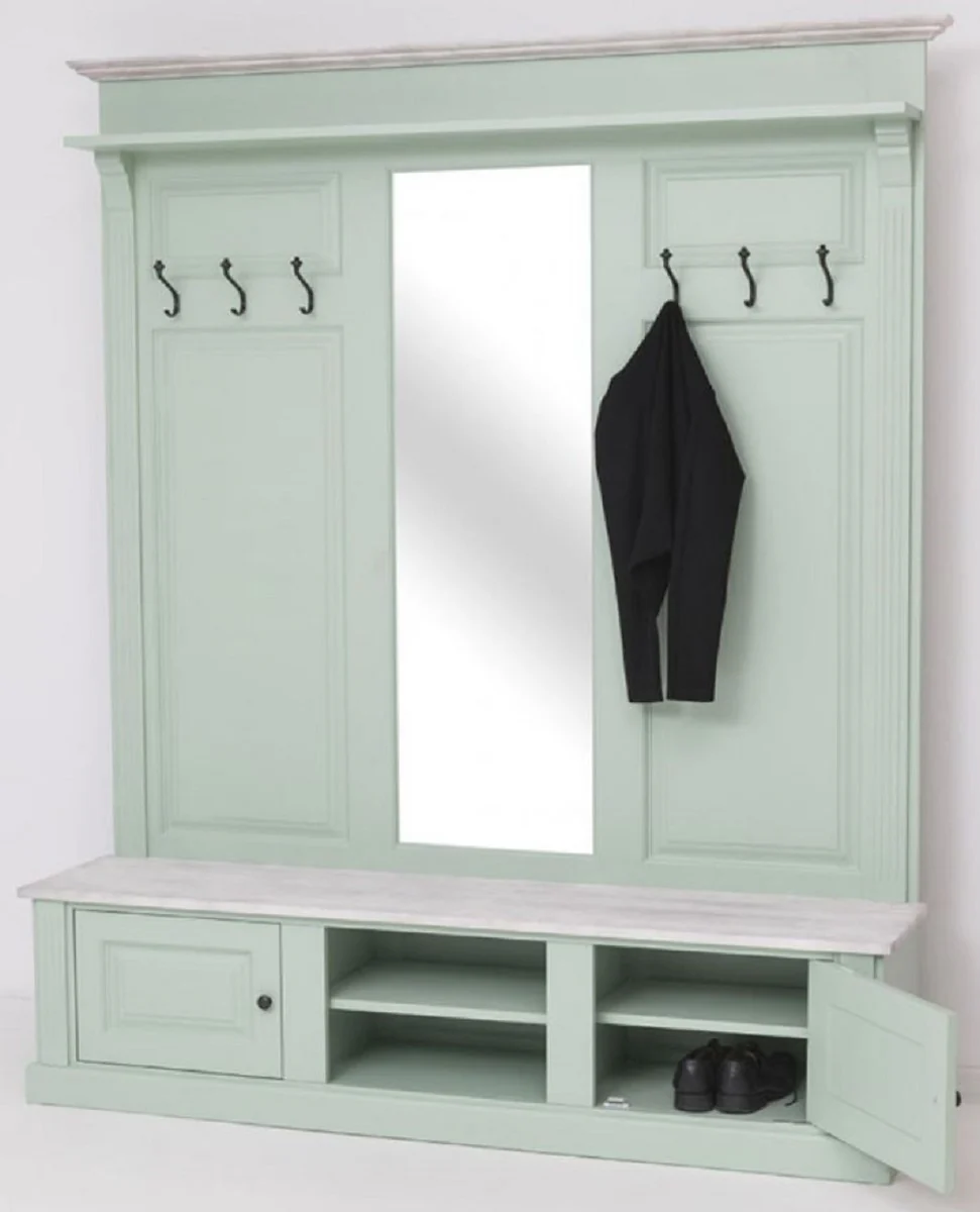 Landhausstil Garderobe Mintgrün / Grau 180 x 41 x H. 210 cm - Massivholz Garderobenschrank mit Spiegel - Massivholz Garderobenmöbel - Landhausstil Garderobenmöbel