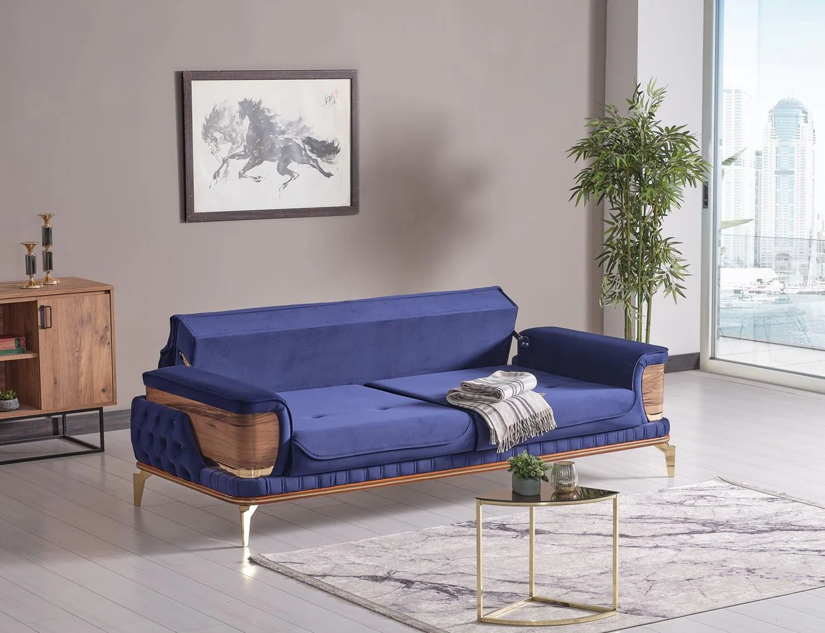 Luxus Schlafsofa Blau / Braun / Gold 232 x 92 x H. 85 cm - Wohnzimmer Sofa mit 2 Kissen - Luxus Wohnzimmer Möbel