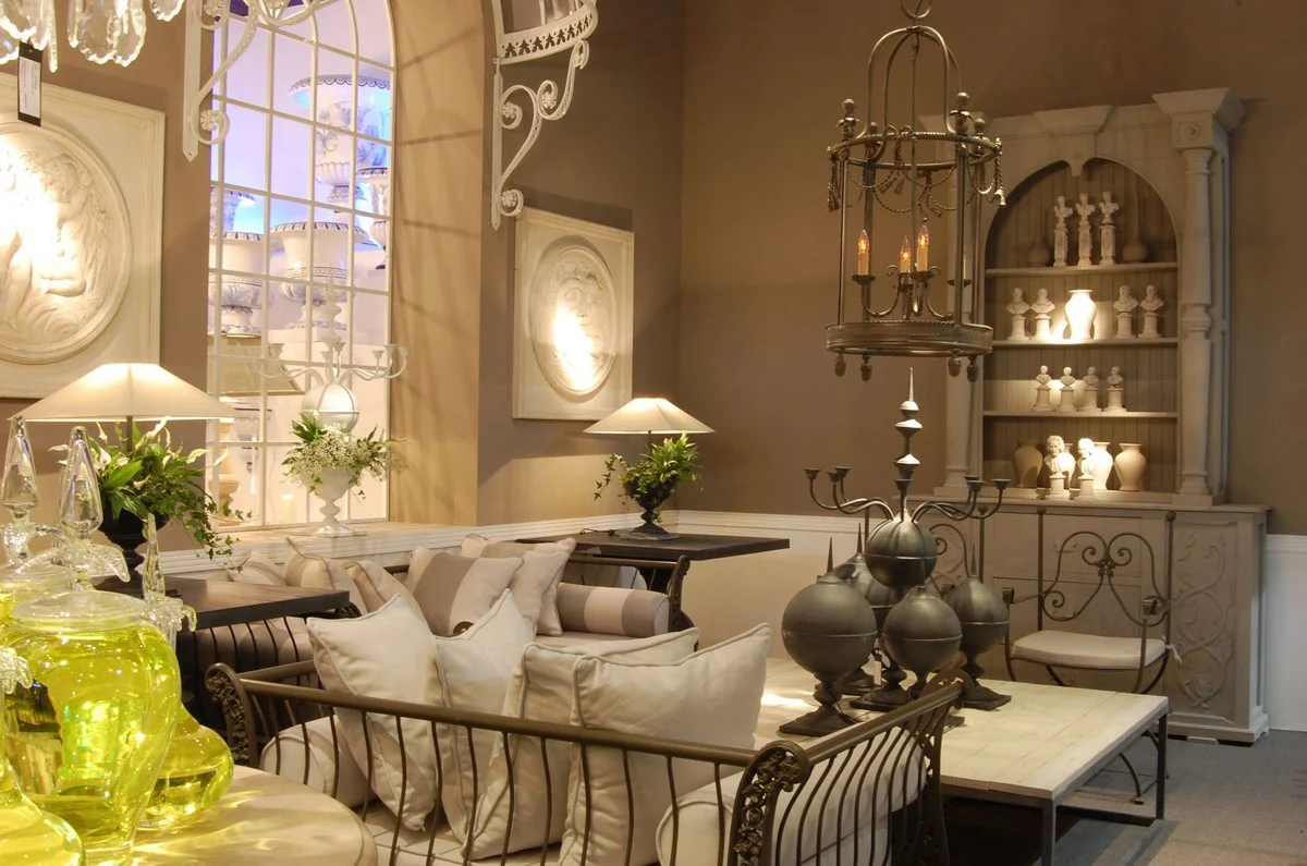 Luxus Landhausstil Schrank Hellgrau - Handgefertigter Massivholz Regalschrank - Wohnzimmerschrank - Esszimmerschrank - Landhausstil Möbel