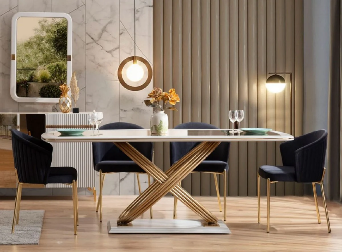 Luxus Esstisch mit Glasplatte Weiß / Gold 207 x 97 x H. 79 cm - Esszimmer Möbel - Luxus Möbel - Luxus Kollektion