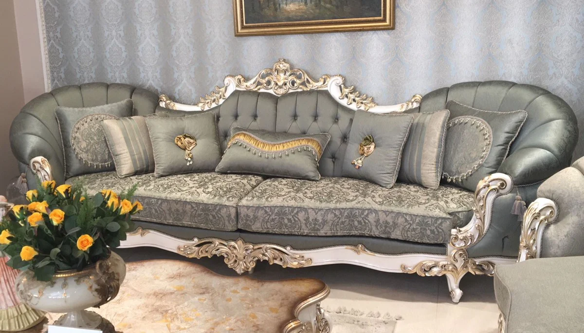 Luxus Barock Sofa Grün / Weiß / Gold - Prunkvolles Wohnzimmer Sofa - Handgefertigte Barock Wohnzimmer Möbel - Edel & Prunkvoll