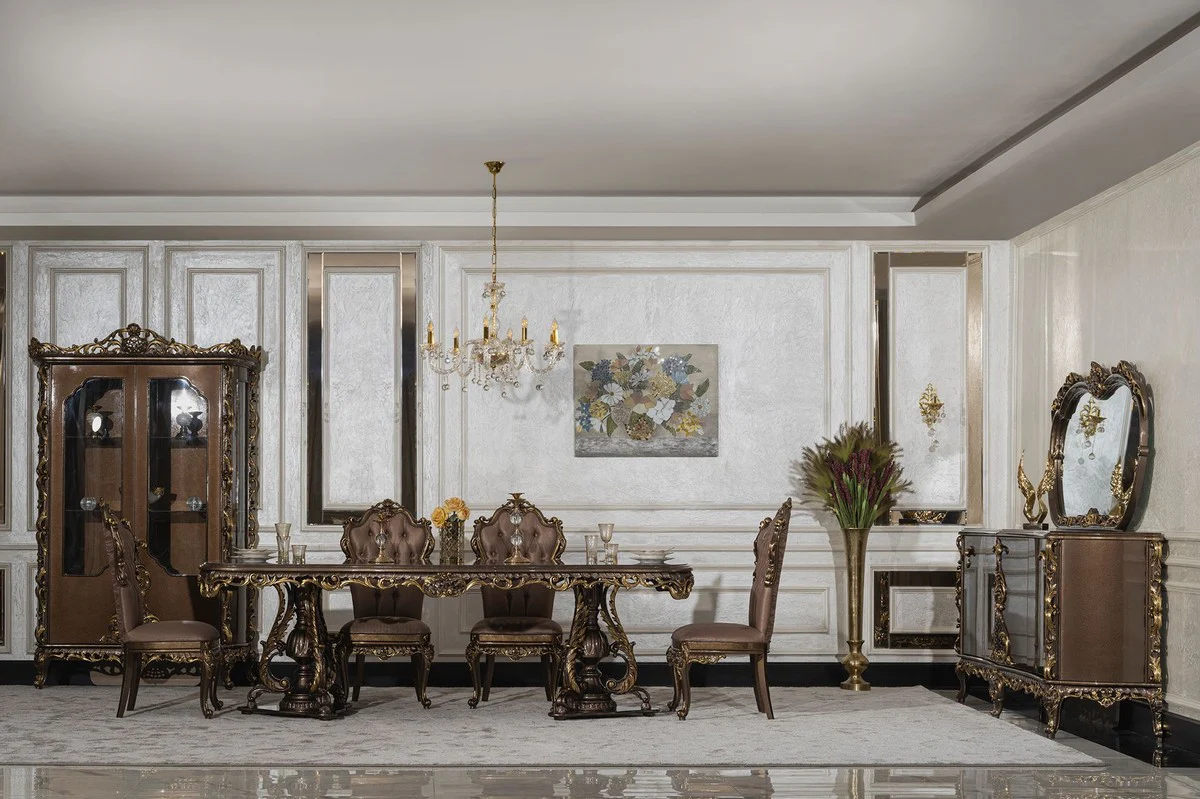 Luxus Barock Vitrine Braun / Gold - Prunkvoller Massivholz Vitrinenschrank mit 2 Türen - Luxus Möbel im Barockstil - Barock Möbel - Edel & Prunkvoll