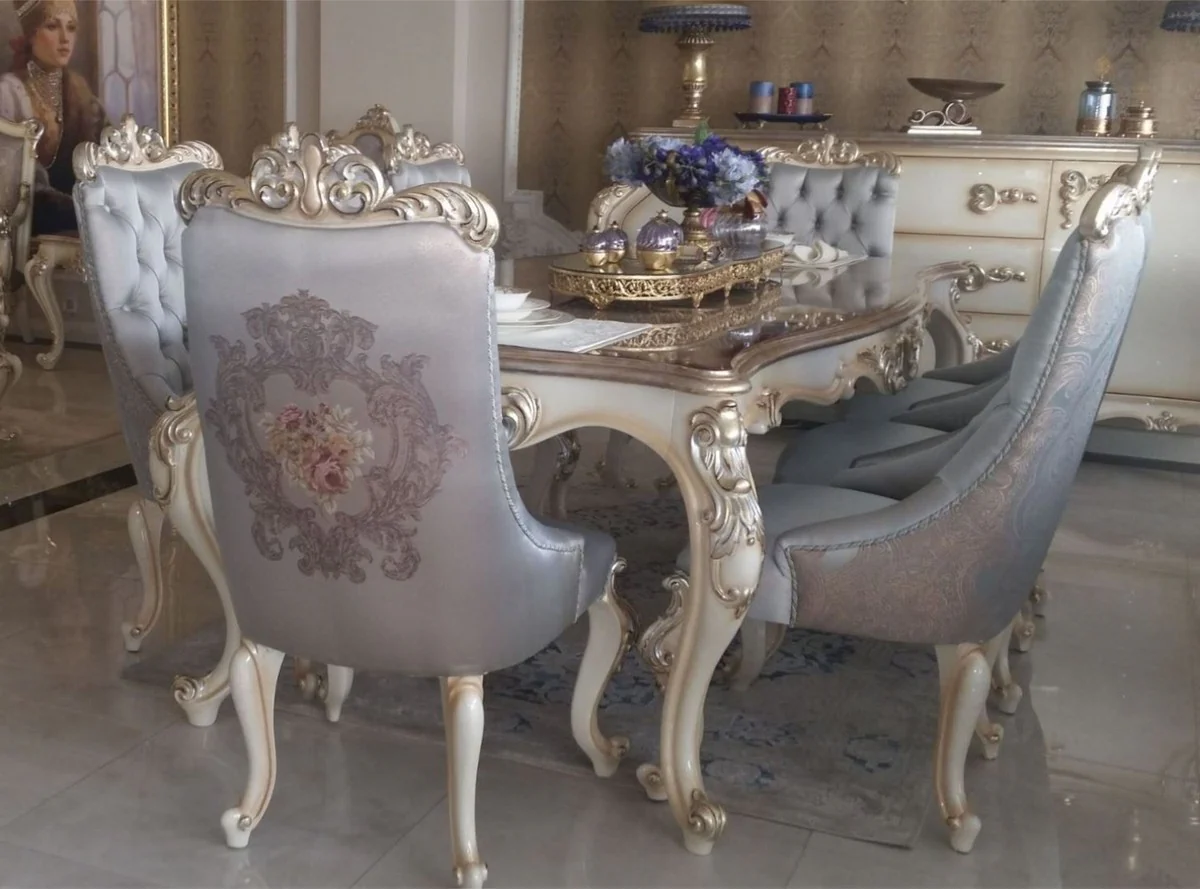 Luxus Barock Esszimmerstuhl Set Silber / Creme / Gold - 6 Küchen Stühle im Barockstil - Barock Esszimmer Möbel
