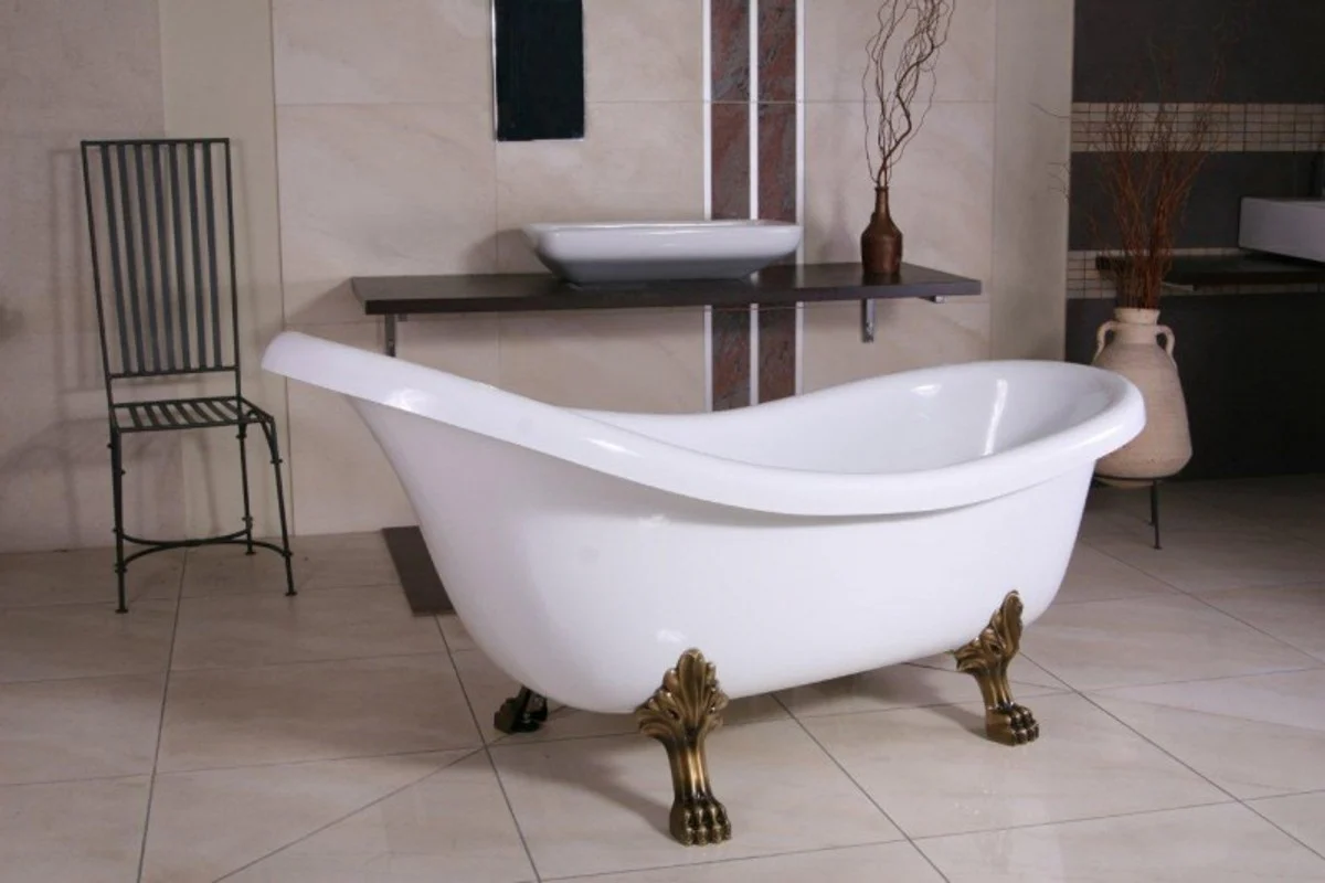 Freistehende Luxus Badewanne Jugendstil Sicilia Weiß/Altgold 1740mm - Barock Badezimmer - Retro Antik Badewanne