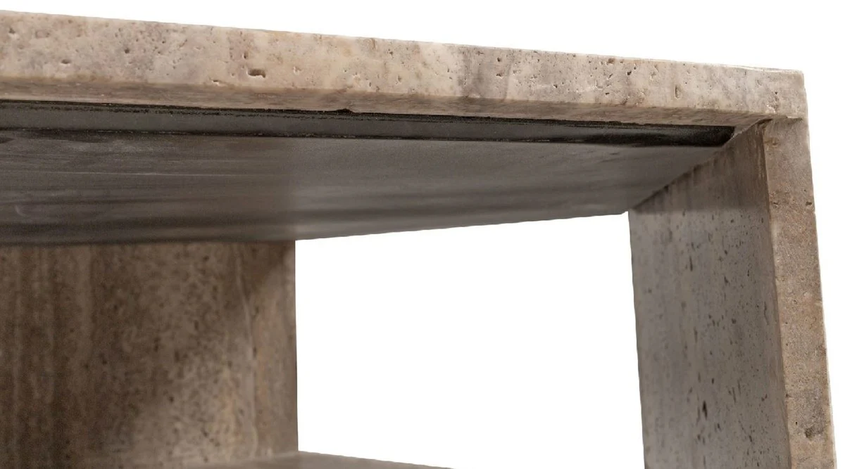 Luxus Couchtisch Grau 91 x 79 x H. 30 cm - 6 Eckiger Travertin Naturstein Wohnzimmertisch - Wohnzimmer Möbel - Travertin Möbel - Luxus Möbel - Luxus Einrichtung