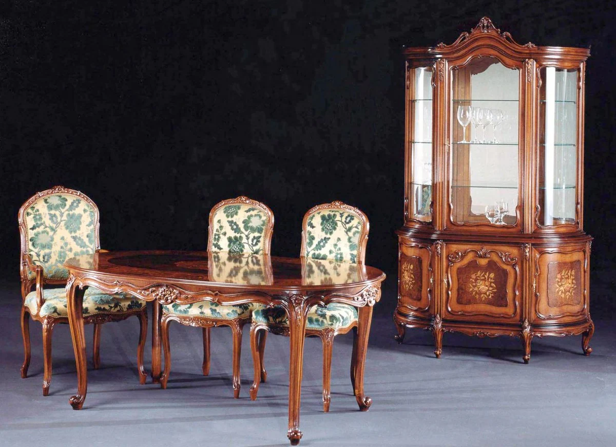 Luxus Barock Esszimmer Set Creme / Grün / Braun - 1 Barock Esstisch & 6 Barock Esszimmerstühle - Luxus Esszimmer Möbel im Barockstil - Barock Möbel - Luxus Qualität - Made in Italy