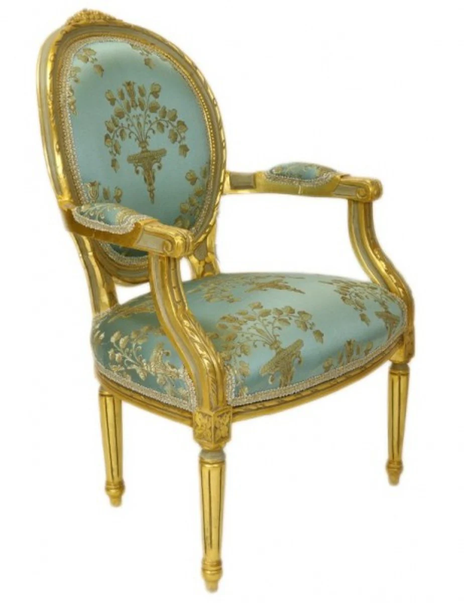 Barock Medaillon Salon Stuhl Türkis Muster / Gold Modell Versailles - Möbel Antik Stil