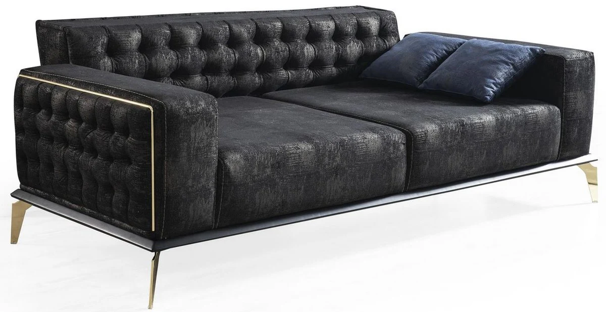 Luxus Art Deco Chesterfield Wohnzimmer Set Schwarz / Blau / Weiß - 2 Sofas & 2 Drehsessel & 1 Couchtisch - Edle Wohnzimmer Möbel