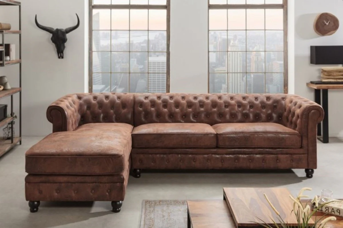 Chesterfield Ecksofa Links Antik Braun - Microfaser Wohnzimmer Sofa - Chesterfield Wohnzimmer Möbel