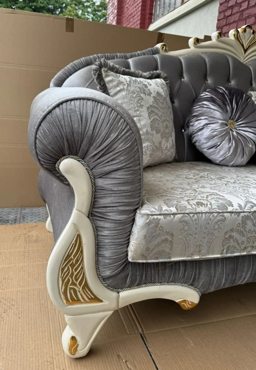 Luxus Barock Sofa Grau / Creme / Gold 225 cm - Barock Möbel