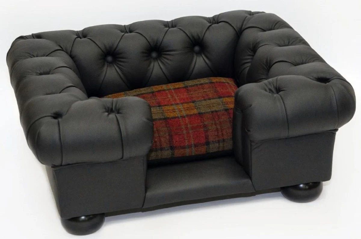 Luxus Chesterfield Leder Hundebett Schwarz / Mehrfarbig 109 x 89 x H. 37 cm - Rechteckiges Echtleder Hundebett - Luxus Chesterfield Leder Tiermöbel