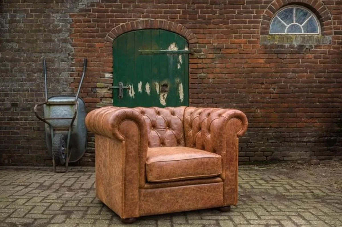 Luxus Chesterfield Leder Sessel Vintage Braun / Dunkelbraun 105 x 95 x H. 80 cm - Chesterfield Echtleder Wohnzimmer Sessel - Chesterfield Möbel - Echtleder Möbel - Luxus Möbel