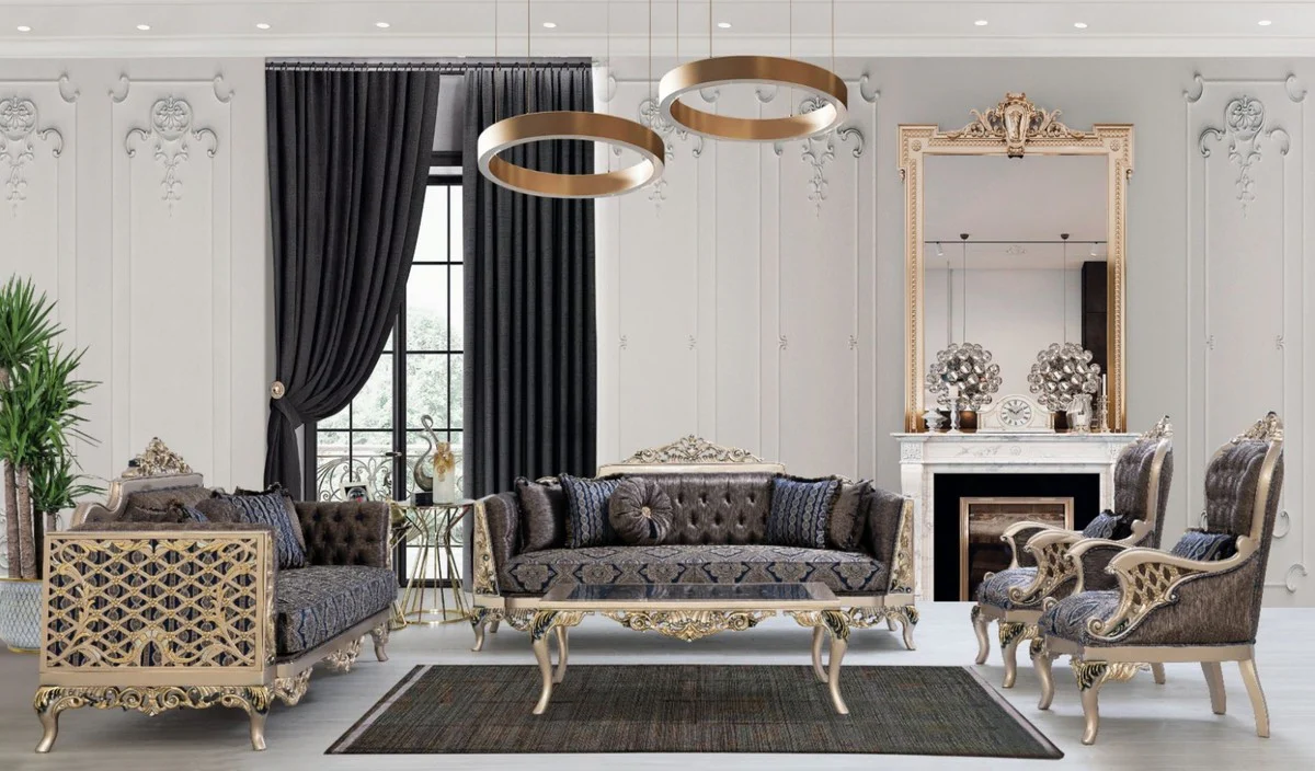 Luxus Barock Wohnzimmer Set Blau / Silber / Gold - 2 Sofas & 2 Sessel & 1 Couchtisch - Prunkvolle Barock Wohnzimmer Möbel