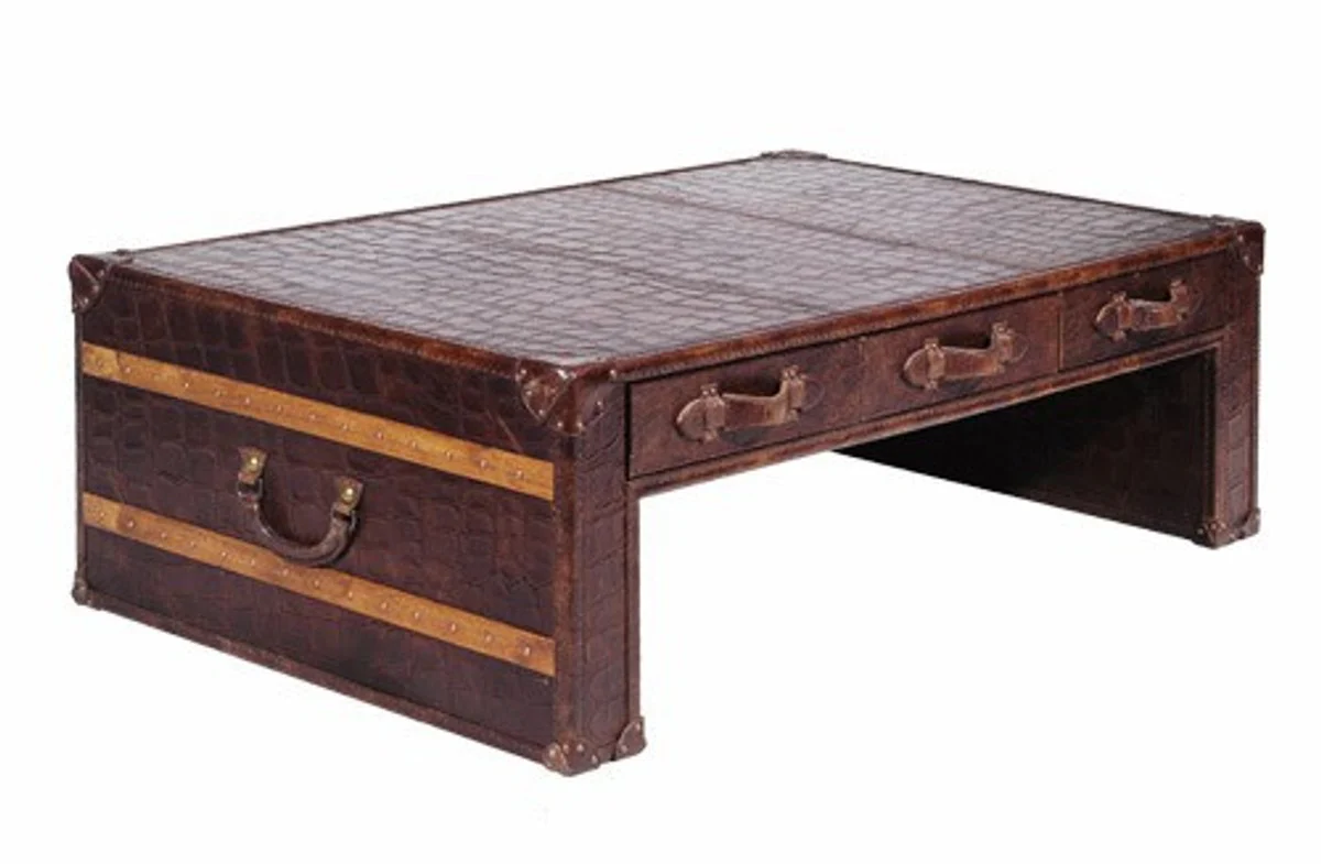Art Deco Luxus Echtleder Couchtisch in Croco Optik Braun L132 x B83 x H45 cm - Echt Leder Vintage Look