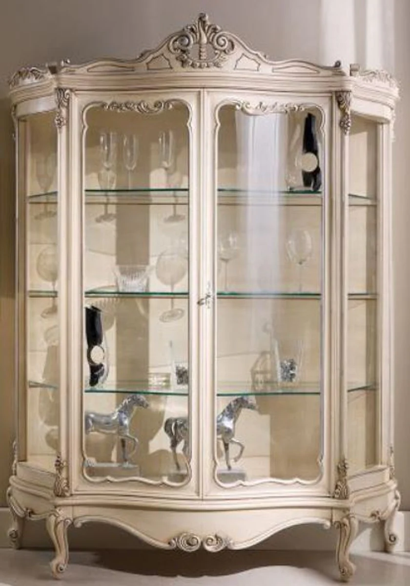 Luxus Barock Vitrine Creme / Silber 146 x 50 x H. 190 cm - Prunkvoller Barock Vitrinenschrank mit 2 Glastüren - Barock Wohnzimmer Möbel