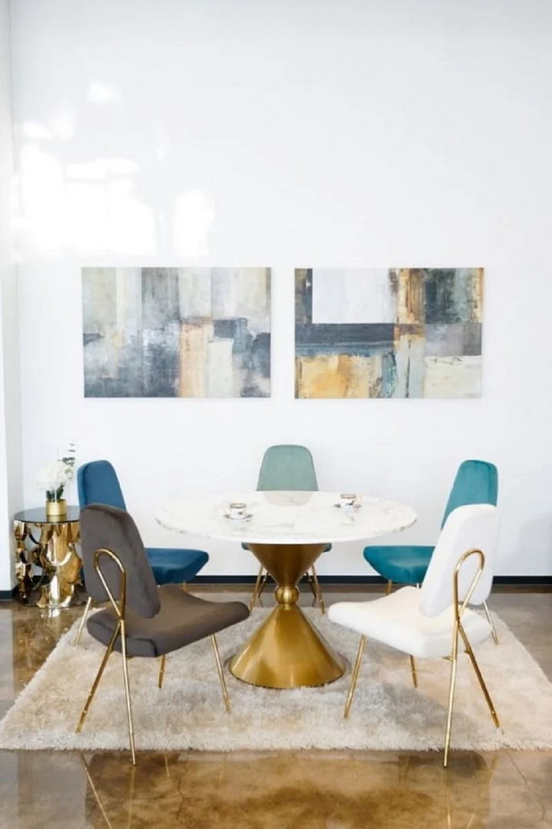 Luxus Esstisch Weiß / Gold Ø 100 x H. 75 cm - Runder Esszimmertisch mit Kunstmarmor Tischplatte - Esszimmer Möbel - Luxus Möbel - Luxus Einrichtung - Esszimmer Einrichtung