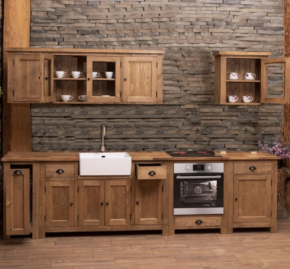 Landhausstil Einbauküche Braun 343 x 65 x H. 90 cm - Massivholz Küchenzeile - Esszimmer Möbel im Landhausstil - Landhausstil Massivholz Einbauküchen