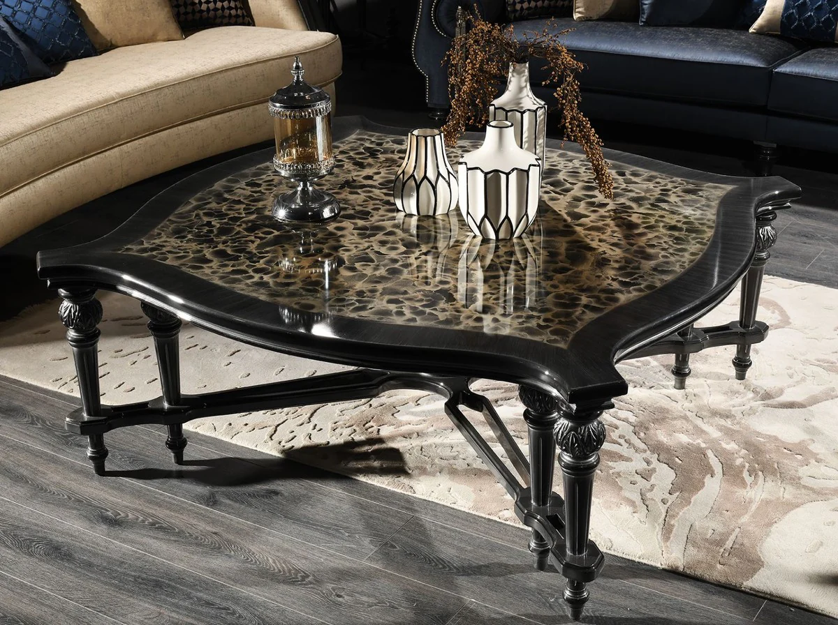 Luxus Barock Wohnzimmer Set Blau / Gold / Schwarz - 2 Sofas & 2 Sessel & 1 Couchtisch & 2 Beistelltische - Barock Möbel - Edel & Prunkvoll