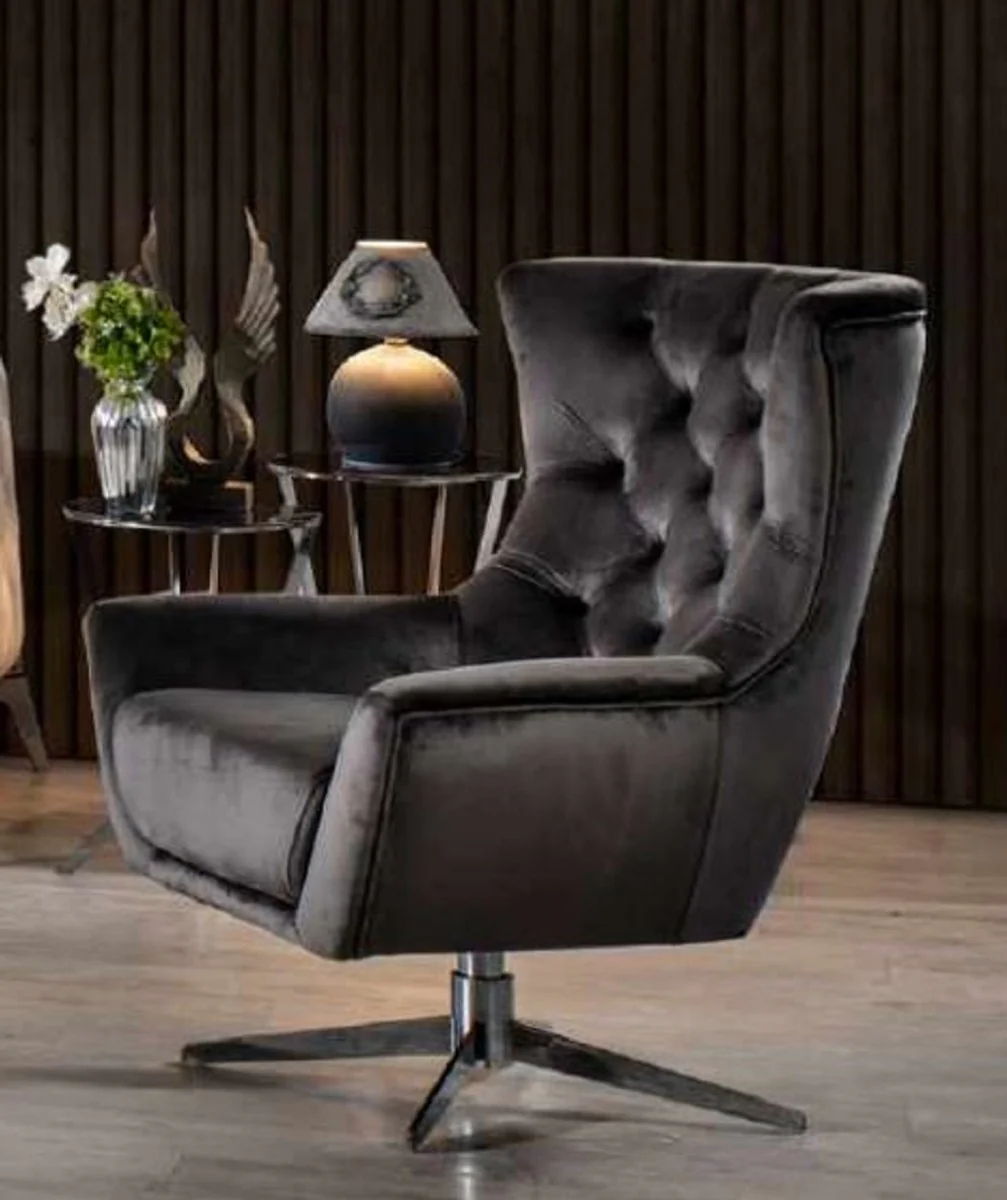 Luxus Chesterfield Drehsessel Grau / Silber 85 x 85 x H. 95 cm - Wohnzimmer Sessel - Chesterfield Wohnzimmer Möbel