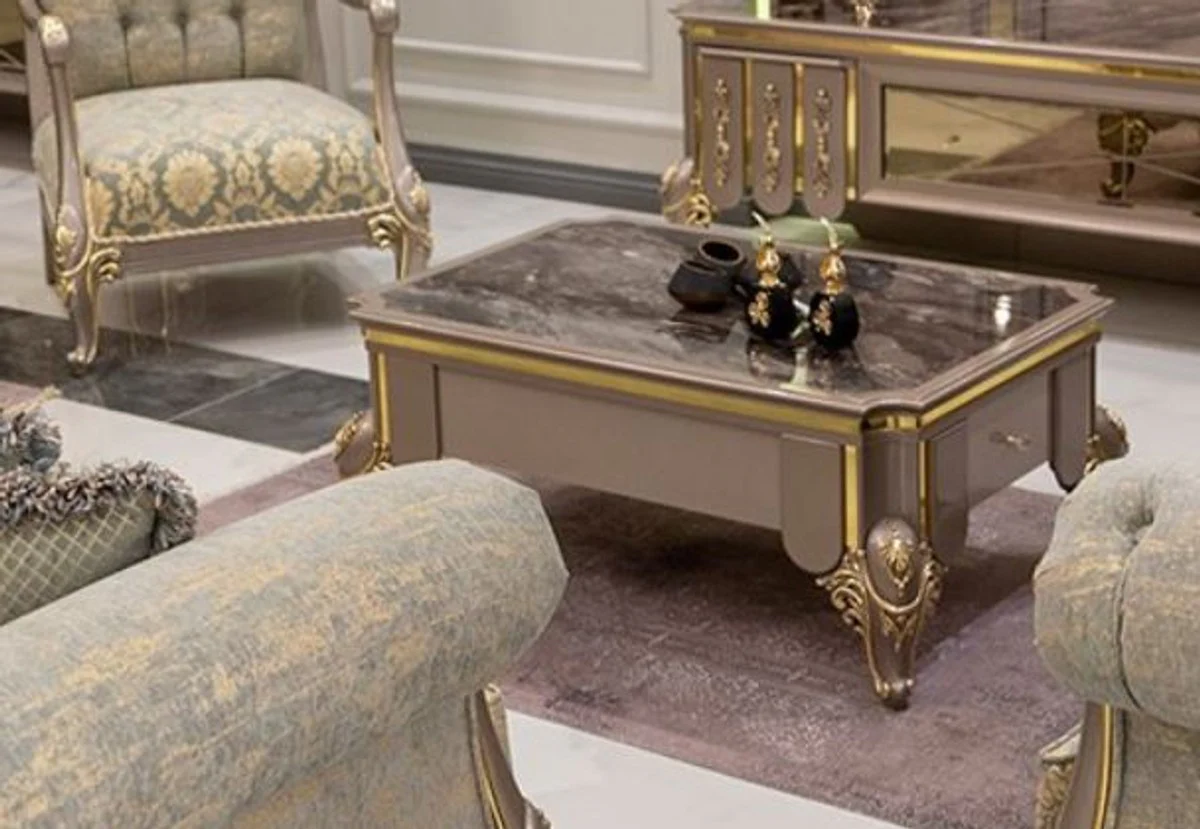 Luxus Barock Couchtisch Schwarz / Grau / Gold 110 x 72 x H. 48 cm - Massivholz Wohnzimmertisch - Möbel im Barockstil