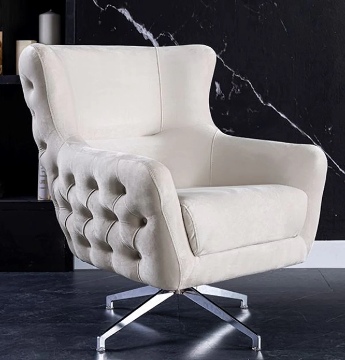 Luxus Art Deco Chesterfield Drehsessel Cremefarben / Silber 90 x 90 x H. 100 cm - Wohnzimmer Sessel - Wohnzimmer Möbel