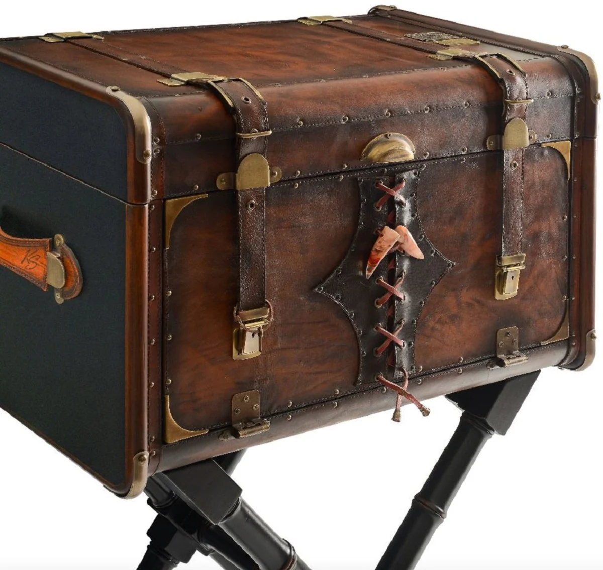 Luxus Leder Minibar in Koffer Optik Braun / Schwarz / Messing 45,5 x 45,5 x H. 73 cm - Echtleder Minibar - Bar Möbel - Echtleder Möbel - Luxus Möbel in Koffer Optik