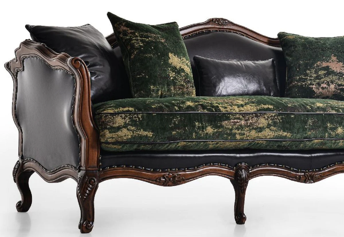 Luxus Barock Leder Sofa Schwarz / Grün / Braun - Prunkvolles Wohnzimmer Sofa mit hochwertigem Echtleder - Luxus Wohnzimmer Möbel im Barockstil - Barock Möbel - Edel & Prunkvoll