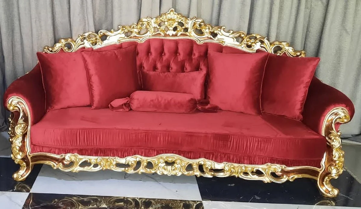 Luxus Barock Sofa Rot / Braun / Gold - Prunkvolles Wohnzimmer Sofa - Barockstil Wohnzimmer Möbel - Luxus Möbel im Barockstil - Barock Einrichtung - Wohnzimmer Einrichtung