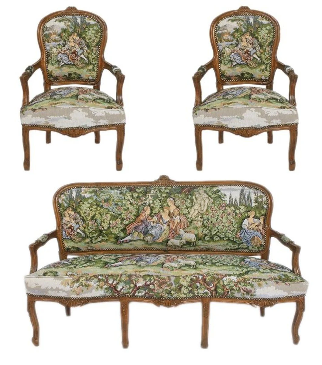 Barock Sitzbank Set Gobelin / Braun - 1 Sofa + 2 Sessel