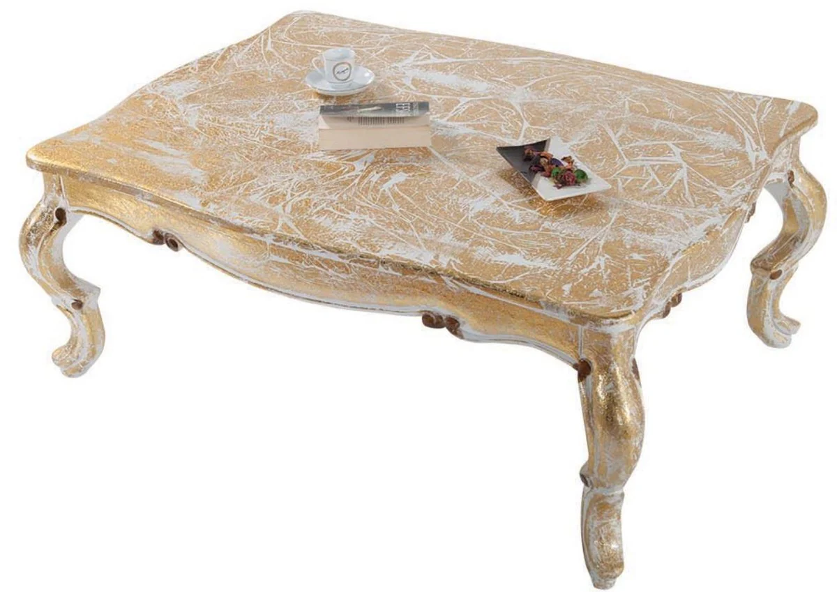 Luxus Barock Massivholz Couchtisch Weiß / Antik Gold 103 x 78 x H. 42 cm - Wohnzimmertisch im Barockstil - Barockmöbel