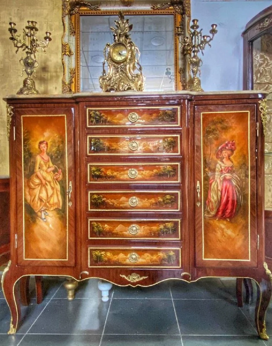 Barock Kommode mit Marmorplatte Braun / Mehrfarbig / Gold / Creme - Handgefertigter Massivholz Schrank im Barockstil - Wohnzimmer Möbel im Barockstil - Barock Möbel