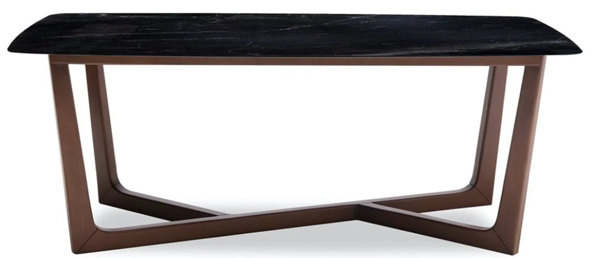 Luxus Esstisch Schwarz / Braun 200 x 100 x H. 77 cm - Küchentisch mit edler Glaskeramik Tischplatte in Marmoroptik und massiven Buchenholz Beinen - Luxus Esszimmer Möbel