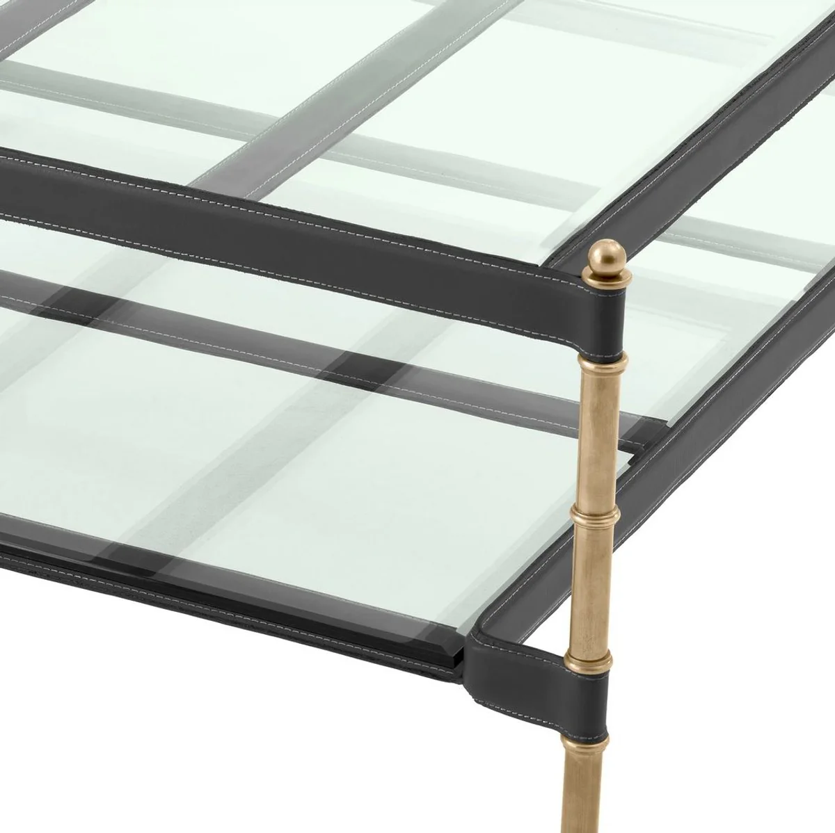 Luxus Couchtisch Vintage Messing / Schwarz 89 x 87,5 x H. 44 cm - Wohnzimmertisch mit Glasplatten und Echtleder - Wohnzimmer Möbel - Hotel Möbel - Luxus Möbel - Luxus Einrichtung