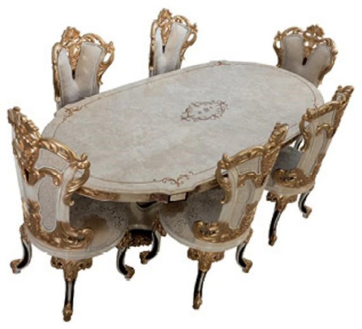 Luxus Barock Esszimmer Set Creme / Weiß / Gold - 1 Barock Esstisch & 6 Barock Esszimmerstühle - Barock Esszimmer Möbel - Luxus Möbel im Barockstil - Edel & Prunkvoll