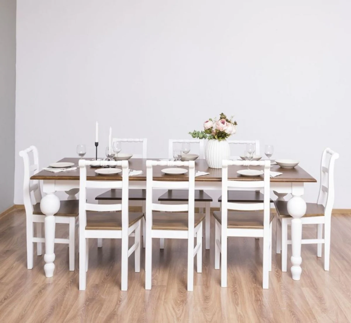 Landhausstil Esszimmer Möbel Set Braun / Weiß - 1 Esstisch & 8 Esszimmerstühle - Massivholz Esszimmer Möbel - Landhausstil Möbel