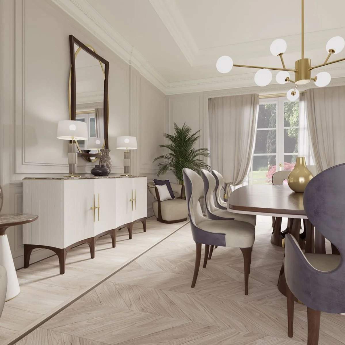 Luxus Art Deco Esszimmer Set Grau / Lila / Braun / Gold - 1 Luxus Art Deco Esstisch & 8 Luxus Art Deco Esszimmerstühle - Art Deco Esszimmer Möbel - Luxus Qualität - Made in Italy