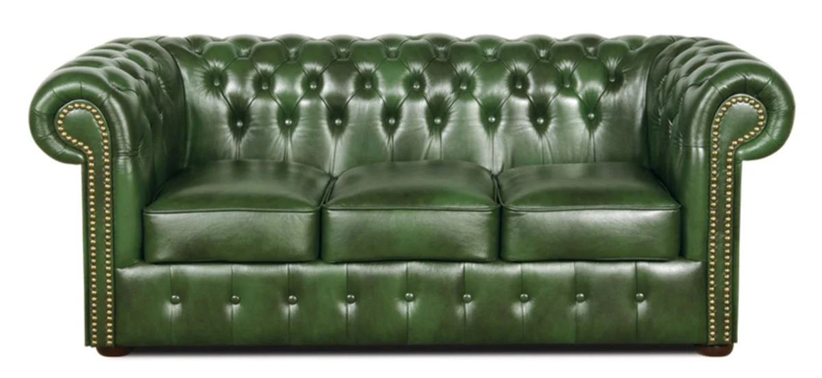 Chesterfield Echtleder 3er Sofa Grün 200 x 90 x H. 78 cm - Luxus Kollektion