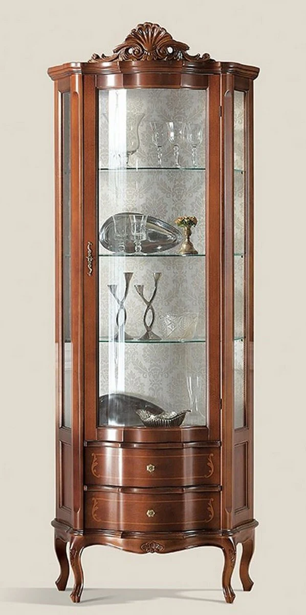 Luxus Barock Vitrine Braun - Prunkvoller Barock Vitrinenschrank mit Glastür und 2 Schubladen - Barock Möbel - Luxus Qualität - Made in Italy
