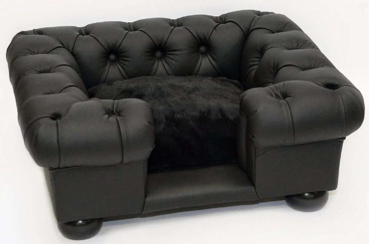 Luxus Chesterfield Leder Hundebett Schwarz 95 x 75 x H. 37 cm - Rechteckiges Echtleder Hundebett - Chesterfield Tiermöbel - Luxus Tiermöbel - Leder Tiermöbel - Hundemöbel