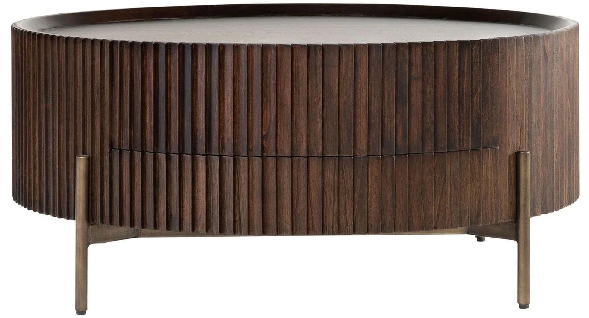 Luxus Couchtisch Dunkelbraun Ø 90 x H. 40 cm - Runder Wohnzimmertisch mit Schublade - Wohnzimmer Möbel - Massivholz Möbel - Luxus Möbel - Luxus Einrichtung