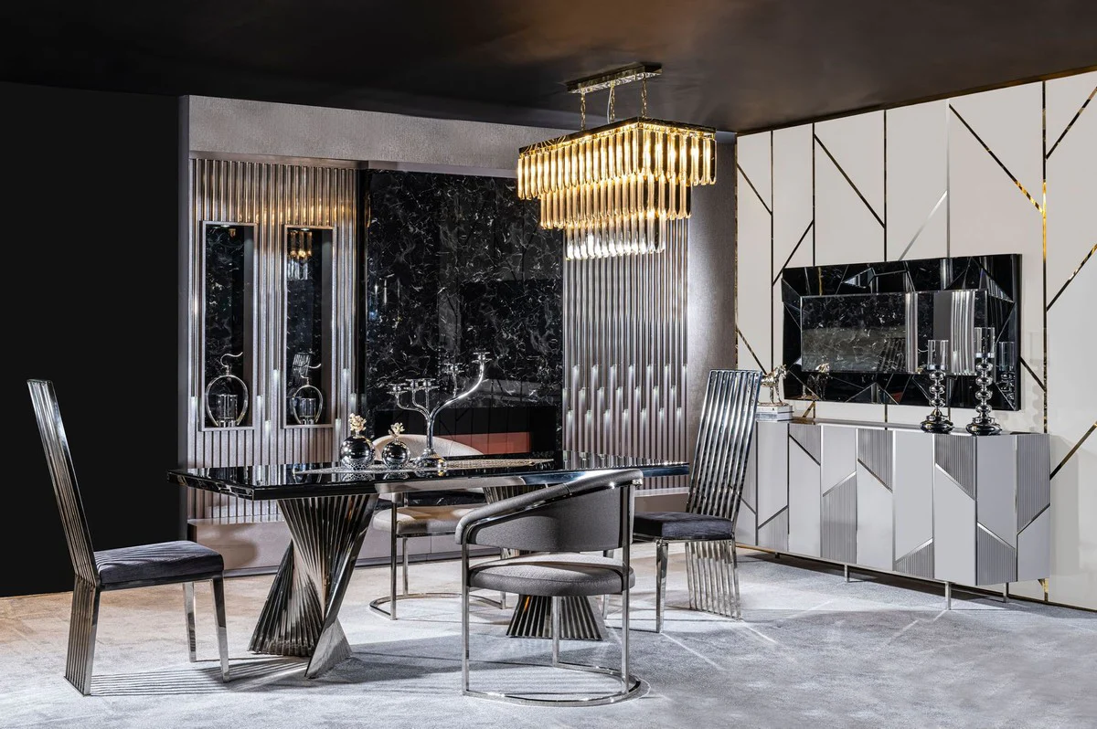 Luxus Esszimmer Stuhl 4er Set mit Armlehnen Grau / Silber 65 x 55 x H. 85 cm - Luxus Küchen Stühle - Esszimmer Möbel - Luxus Möbel