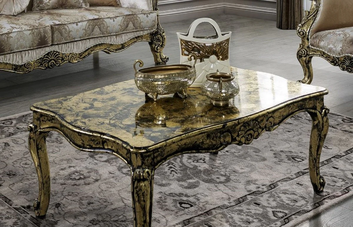Luxus Barock Couchtisch Gold / Schwarz - Handgefertigter Massivholz Wohnzimmertisch - Prunkvolle Massivholz Wohnzimmer Möbel im Barockstil