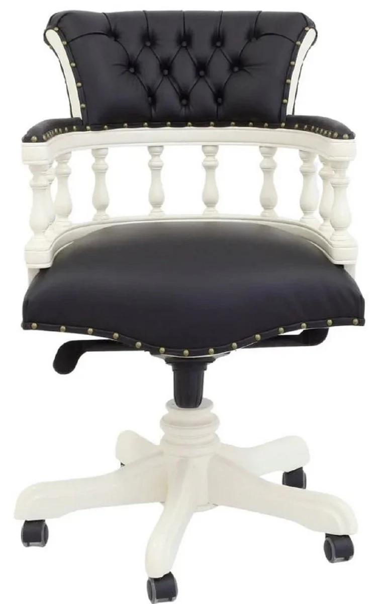 Luxus Barock Chesterfield Echtleder Schreibtischstuhl Schwarz / Weiß H. 107 cm - Barock Büro Möbel