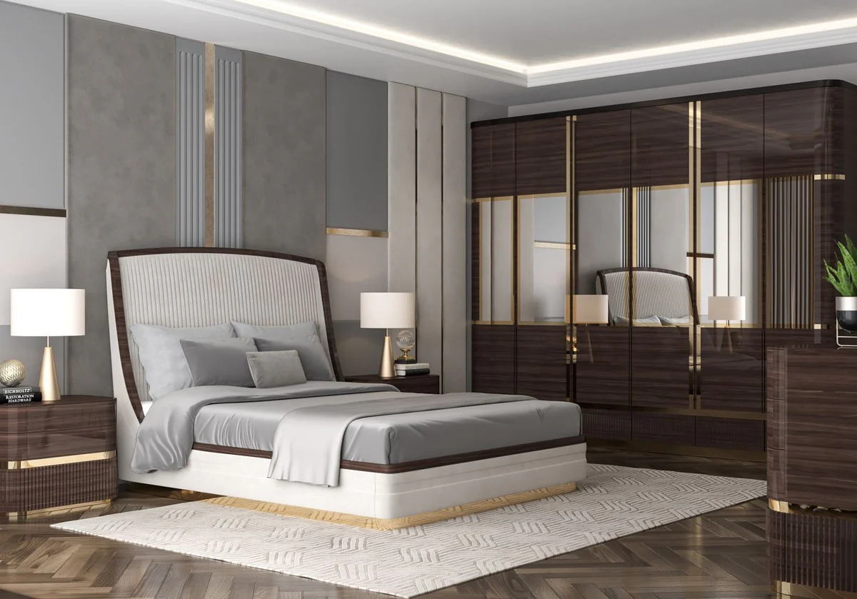 Luxus Doppelbett Weiß / Dunkelbraun / Gold - Edles Massivholz Bett mit Kopfteil - Schlafzimmer Möbel - Hotel Möbel - Luxus Möbel - Schlafzimmer Einrichtung - Luxus Einrichtung