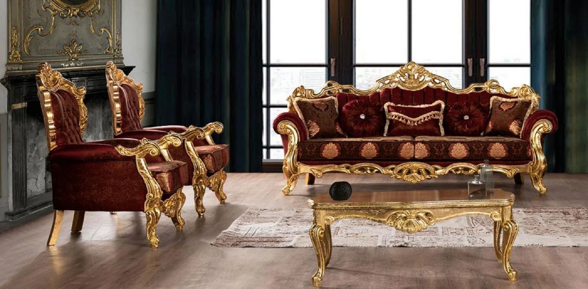 Luxus Barock Wohnzimmer Set Bordeauxrot / Gold - 2 Sofas mit Muster & 2 Sessel mit Muster & 1 Couchtisch - Prunkvolle Barock Wohnzimmer Möbel