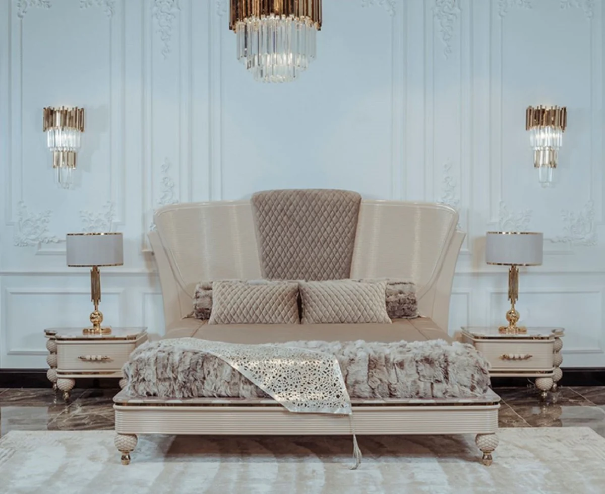 Luxus Art Deco Doppelbett Beige / Grau / Gold - Edles Massivholz Bett mit Kopfteil - Art Deco Schlafzimmer & Hotel Möbel - Luxus Kollektion