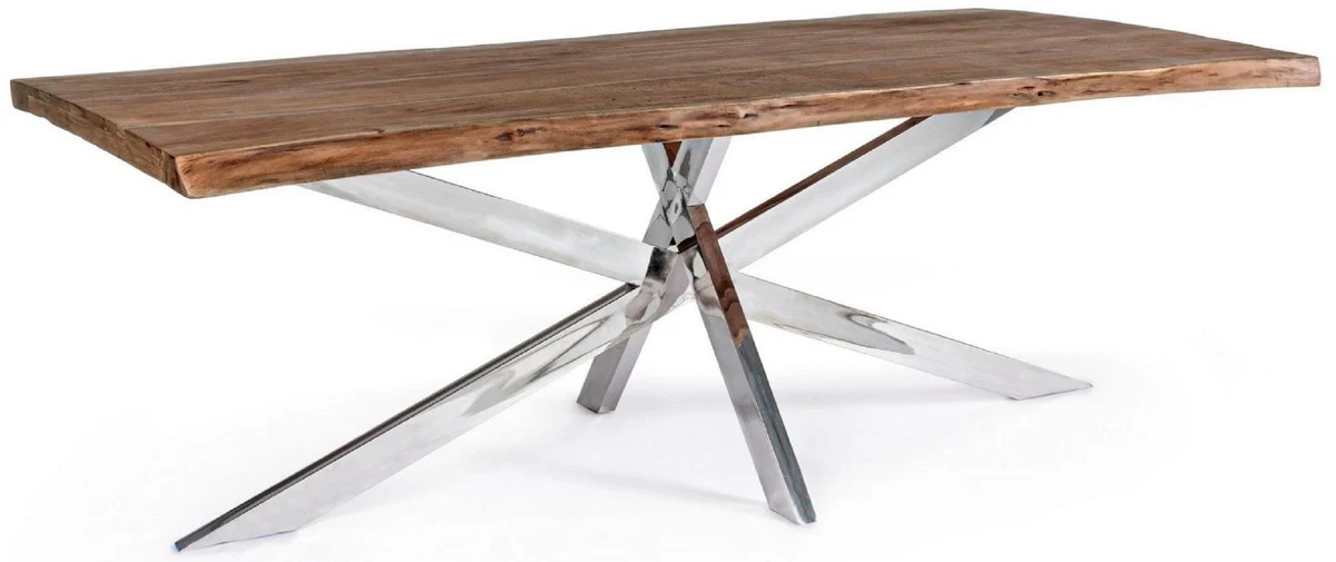 Luxus Esstisch Braun / Silber 220 x 100 x H. 77 cm - Rechteckiger Küchentisch mit Massivholz Tischplatte und Edelstahl Beinen - Esszimmer Möbel - Küchen Möbel - Luxus Möbel